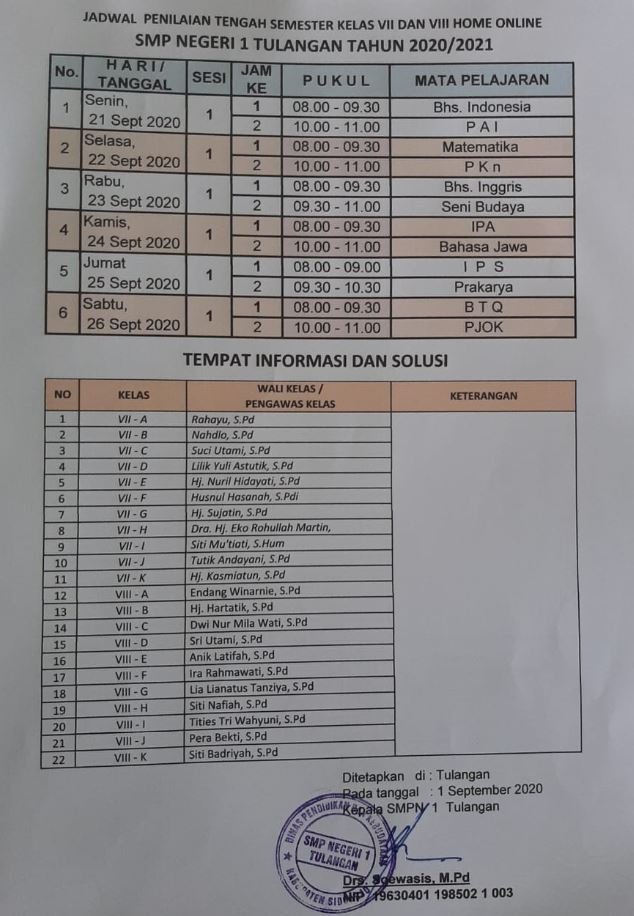 Jadwal PTS Kelas VII - VIII